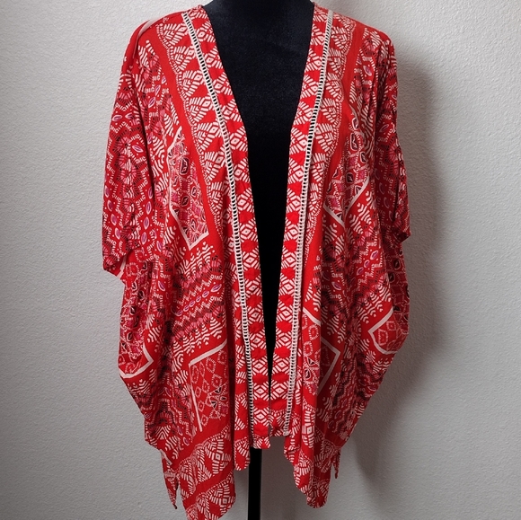Angie women's boho hippie red orange artisticity midi kimono open cardigan L - Picture 7 of 10